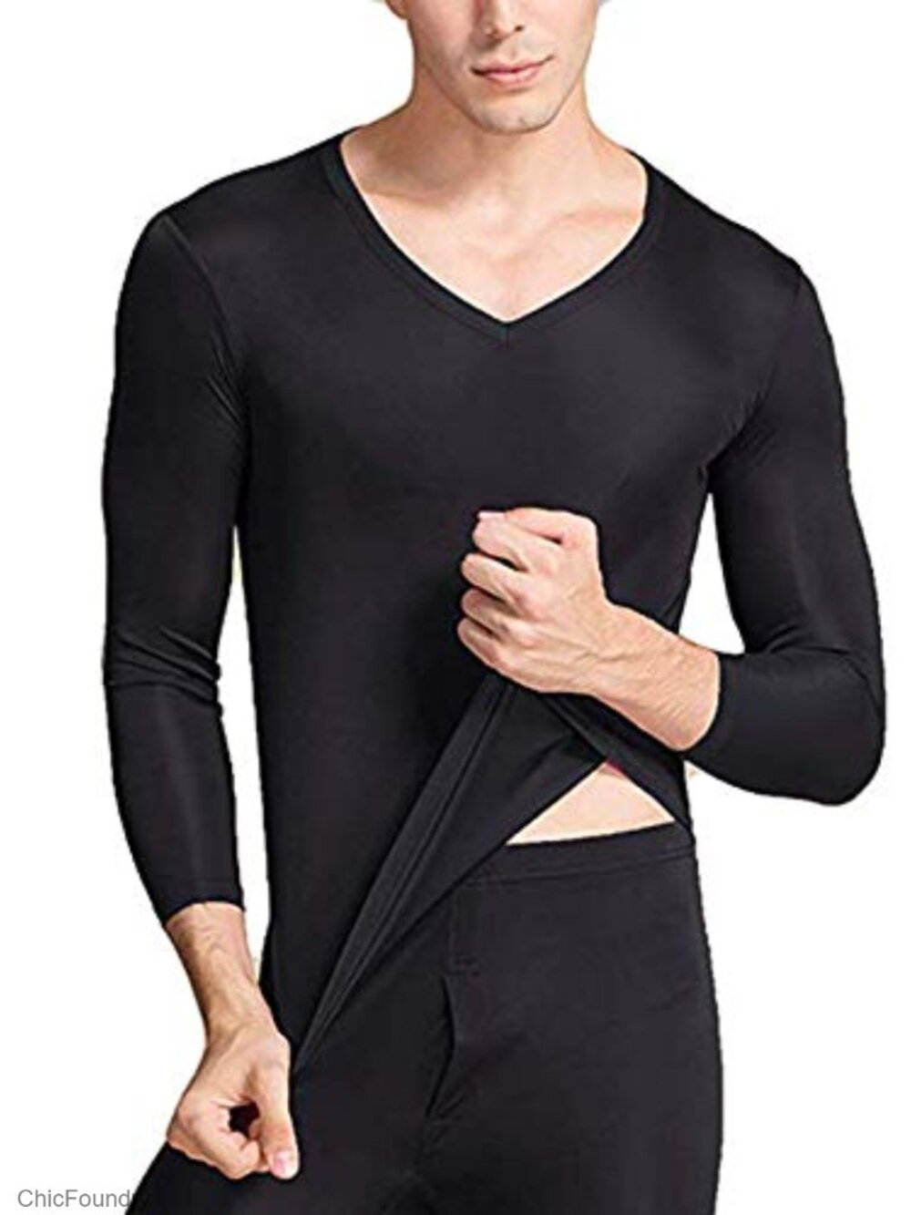 Men's 100% Mulberry Silk Thermal Long Johns Set V-Neck Base Layer